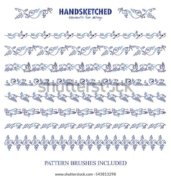 Vector set of pattern brush or dividers in\
vintage style. Vine, grapes, wine, arrows, bottles, wave ivy,\
candles, glass, leaves elements. Hand drawn art, blue watercolor\
style. Brushes included