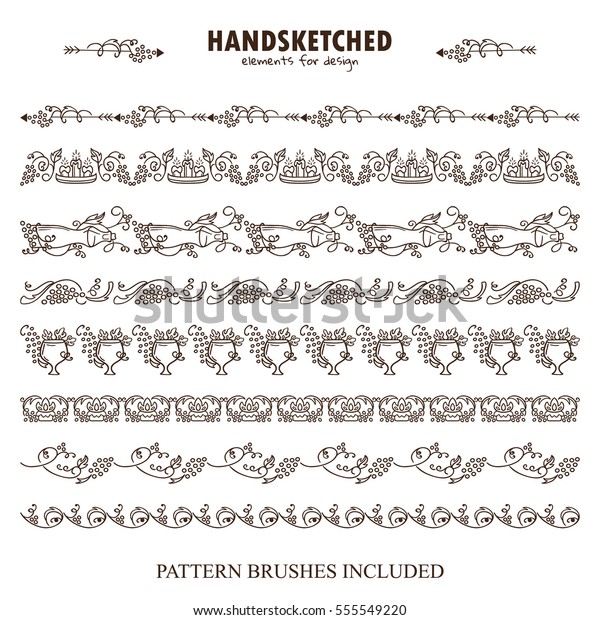 Vector set of pattern brush or dividers in vintage\
style. Vine, grapes, wine, arrows, bottles, wave ivy, candles,\
glass, leaves elements. Hand drawn art, pen and ink style. Brushes\
included 