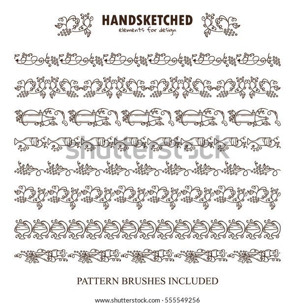 Vector set of pattern brush or dividers in
vintage style. Vine, grapes, wine, arrows, bottles, wave ivy,
candles, glass, leaves elements. Hand drawn art, pen and ink style.
Brushes included