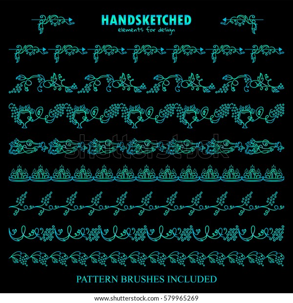 Vector set of pattern brush or dividers in\
vintage style. Vine, grapes, wine, arrows, bottles, wave ivy,\
candles, glass, leaves elements. Hand drawn art, sea-blue\
watercolor style. Brushes\
included