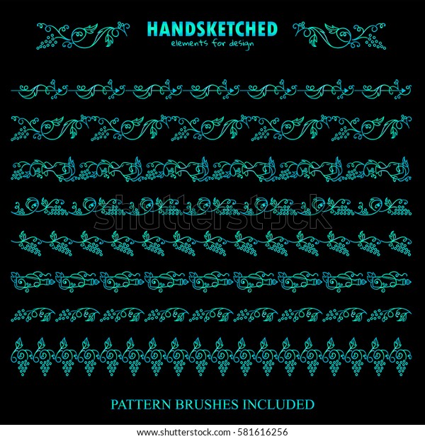Vector set of pattern brush or dividers in\
vintage style. Vine, grapes, wine, arrows, bottles, wave ivy,\
candles, glass, leaves elements. Hand drawn art, sea-blue\
watercolor style. Brushes\
included