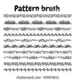 Vector set of pattern brush for Your design. Herbal and forest elements, flower, snail, branch, leaves, acorns, hedgehogs.  Vintage, hand drawing pen ink style, black and white color. Brushes included