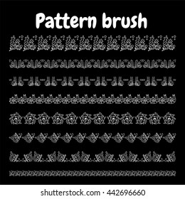 Vector set of pattern brush for Your design. Seaweed, shell, branches, leaves, corals, ocean and sea flowers elements.  Vintage, hand drawing pen ink style, black and white color. Brushes included