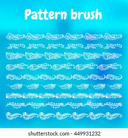Vector set of pattern brush for Your design. Seaweed, shell, jellyfish, leaves, corals, ocean and sea flowers elements.  Vintage, hand drawing pen ink style, for photo decor. 