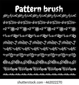Vector set of pattern brush for Your design. Branch, leaves, flowers, vine, daisy, lily, line, swirl, herbal elements.  Vintage, hand drawing pen ink style, black chalkboard. Brushes included