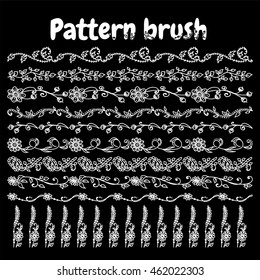 Vector set of pattern brush for Your design. Branch, leaves, flowers, ivy, daisy, lily, line, swirl, herbal elements.  Vintage, hand drawing pen ink style, black chalkboard. Brushes included