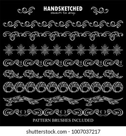 Vector set of pattern brushes or dividers in vintage style. Stars, Moon, waves, galaxy, meteorite elements, comet, space theme. Black and white chalkboard art. Brushes included