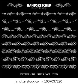 Vector set of pattern brushes or dividers in vintage style. Abstract symbols of Sun, Earth, moon, mercury, star arrows, wave space elements. Black and white chalkboard art. Brushes included