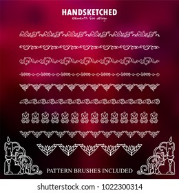 Vector set of pattern brushes or dividers in vintage style. Birds on branch, wave arrows, hears, herbal elements in Valentine's day symbols, set 4