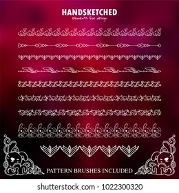 Vector set of pattern brushes or dividers in vintage style. Bunny, arrows, hearts, tulip, angel wings, flowers, leaves, cute elements in Valentine's day symbols, set 1