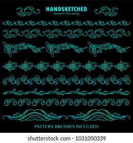 Vector set of pattern brushes or dividers in vintage style. Stars, waves, galaxy, UFO, fire waves elements, space theme. Blue watercolor on black. Brushes included