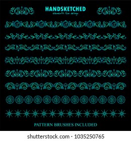 Vector set of pattern brushes or dividers in vintage style. Abstract symbols of planets Mars, Jupiter, Saturn, Neptune, Uranus, star, Pluto, space elements. Blue watercolor on black. Brushes included