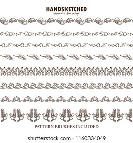 Vector set of pattern brushes or dividers in vintage style. Wave arrows, hears, doves, cute birds and flowers elements in Valentine’s day symbols. Hand drawn art, vector brushes included