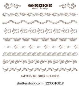 Vector set of pattern brushes or dividers in vintage style. Arrows, poinsettia leaves, snowman, stars, Christmas toys, fir branches. Christmas theme. Hand drawn art. Brushes included 