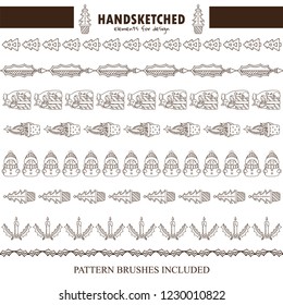 Vector set of pattern brushes or dividers in vintage style. Pine in plant pots, presents, kawaii snowman, candles with mistletoe elements. Christmas theme. Hand drawn art. Brushes included