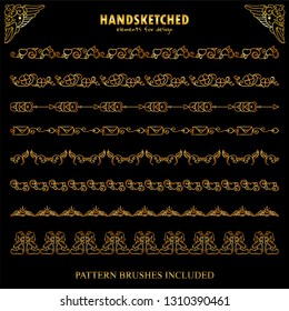 Vector set of pattern brushes, dividers in vintage style. Flowers, hearts, bears, letters, cupids with wings tiny elements in Valentine’s day symbols. Premium gold style. Brushes included, set 2