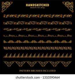 Vector set of pattern brushes, dividers in vintage style. Flowers, hearts, arrows, roses, swans, birds tiny elements in Valentine’s day symbols. Premium gold style. Brushes included, set 3