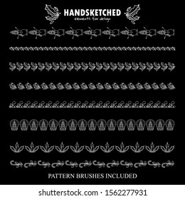 Vector set of pattern brushes or dividers. Snowmen, mistletoe and holly leaves, candy cane, snowball with Christmas tree inside. Black and white chalkboard art. Brushes included