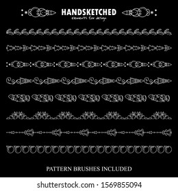 Vector set of pattern brushes or dividers. Abstract pine trees, Santa Klaus, Christmas toys and ornate arrows. Black and white chalkboard art. Brushes included