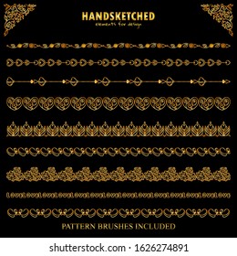 Vector set of pattern brushes, dividers in vintage style. Abstract flowers, arrows, ornate hearts elements in Valentine’s day theme. Premium gold style. Brushes included, set 6