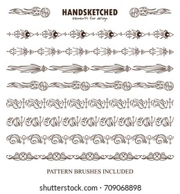 Vector set of pattern brushes or dividers in vintage style. Abstract symbols of Neptune, Uranus, Pluto, Sun, spaceship, stars arrows, space elements. Hand drawn art. Brushes included 