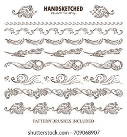 Vector set of pattern brushes or dividers in vintage style. Stars, abstract Milky Way, meteorite elements, comet, space theme. Hand drawn art. Brushes included