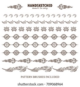 Vector set of pattern brushes or dividers in vintage style. Shuttle, UFO, stars, signs of moon, Sun, comet or meteorite elements, space theme. Hand drawn art. Brushes included