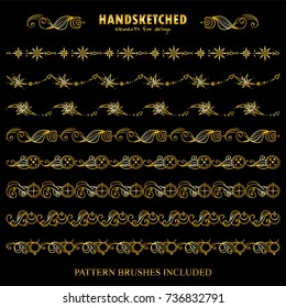 Vector set of pattern brushes or dividers in vintage style. Abstract symbols of Sun, Earth, moon, mercury, star arrows, wave space elements. Premium gold style. Brushes included