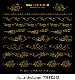 Vector set of pattern brushes or dividers in vintage style. Stars, abstract Milky Way, meteorite elements, comet, space theme. Premium gold style. Brushes included