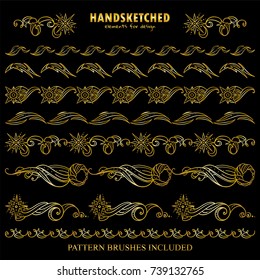 Vector set of pattern brushes or dividers in vintage style. Stars, fire, abstract comet or meteorite elements, space theme. Premium gold style. Brushes included