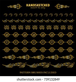 Vector set of pattern brushes or dividers in vintage style. Shuttle, UFO, stars, signs of moon, Sun, comet or meteorite elements, space theme. Premium gold style. Brushes included