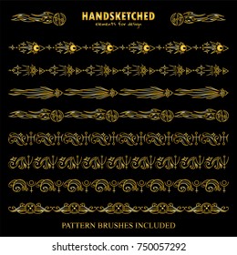 Vector set of pattern brushes or dividers in vintage style. Abstract symbols of Neptune, Uranus, Pluto, Sun, spaceship, stars arrows, space elements. Premium gold style. Brushes included