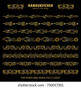 Vector set of pattern brushes or dividers in vintage style. Abstract symbols of Stars, Moon, Earth, Mercury, Venus, star arrows, space elements. Premium gold style. Brushes included