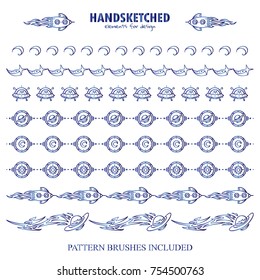 Vector set of pattern brushes or dividers in vintage style. Shuttle, UFO, stars, signs of moon, Sun, comet or meteorite elements, space theme. Blue watercolor design. Brushes included