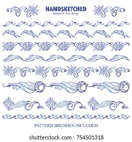 Vector set of pattern brushes or dividers in vintage style. Stars, fire, abstract comet or meteorite elements, space theme. Blue watercolor design. Brushes included