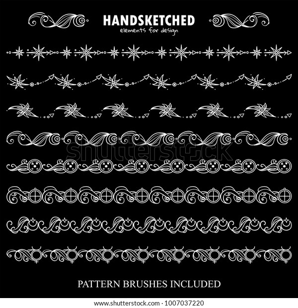 Vector set of pattern brushes or dividers in\
vintage style. Abstract symbols of Sun, Earth, moon, mercury, star\
arrows, wave space elements. Black and white chalkboard art.\
Brushes included