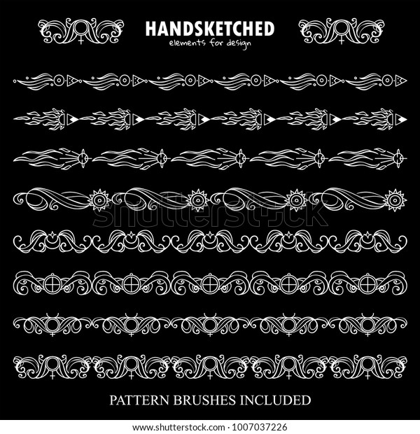 Vector set of pattern brushes or dividers in
vintage style. Abstract symbols of Stars, Moon, Earth, Mercury,
Venus, star arrows, space elements. Black and white chalkboard art.
Brushes included