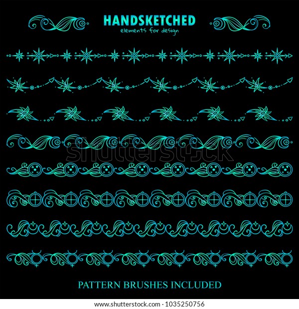 Vector set of pattern brushes or dividers in\
vintage style. Abstract symbols of Sun, Earth, moon, mercury, star\
arrows, wave space elements. Blue watercolor on black. Brushes\
included
