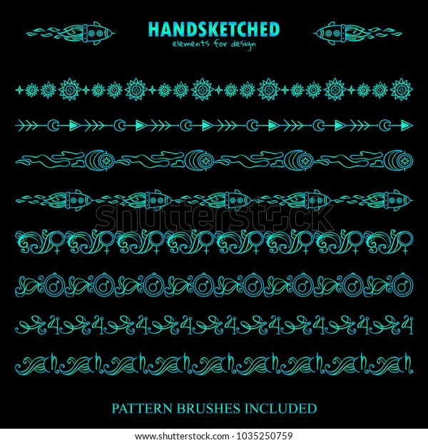 Vector set of pattern brushes or dividers in\
vintage style. Abstract symbols of Venus, Mars, Jupiter, Saturn,\
spaceship, star arrows, wave space elements. Blue watercolor on\
black. Brushes included