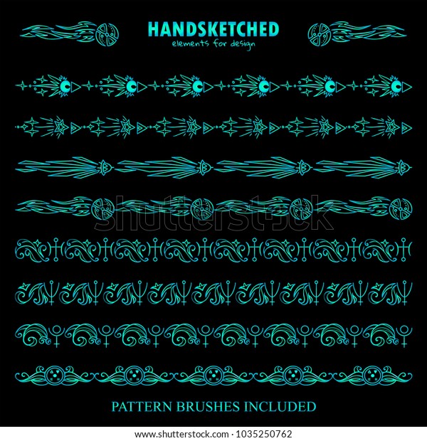 Vector set of pattern brushes or dividers in\
vintage style. Abstract symbols of Neptune, Uranus, Pluto, Sun,\
spaceship, stars arrows, space elements. Blue watercolor on black.\
Brushes included