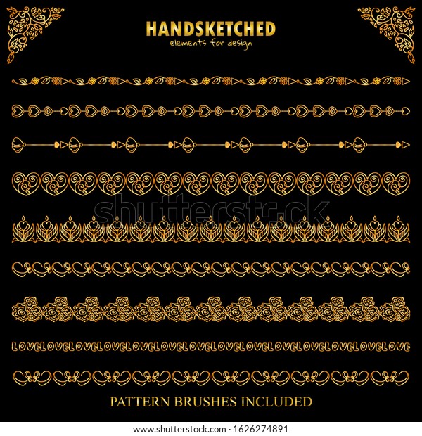 Vector set of\
pattern brushes, dividers in vintage style. Abstract flowers,\
arrows, ornate hearts elements in Valentine’s day theme. Premium\
gold style. Brushes included, set\
6