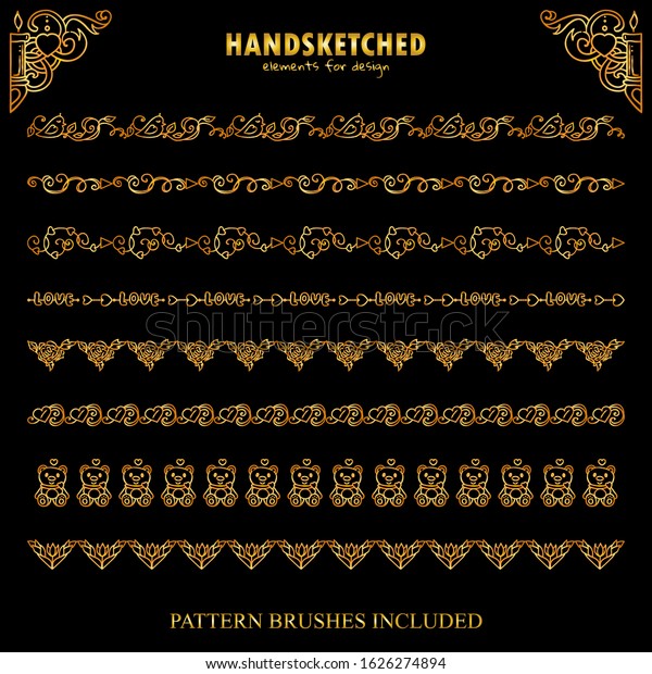 Vector set of\
pattern brushes, dividers in vintage style. Birds on branch, wave\
arrows, hears, herbal elements in Valentine’s day symbols. Premium\
gold style. Brushes included, set\
4