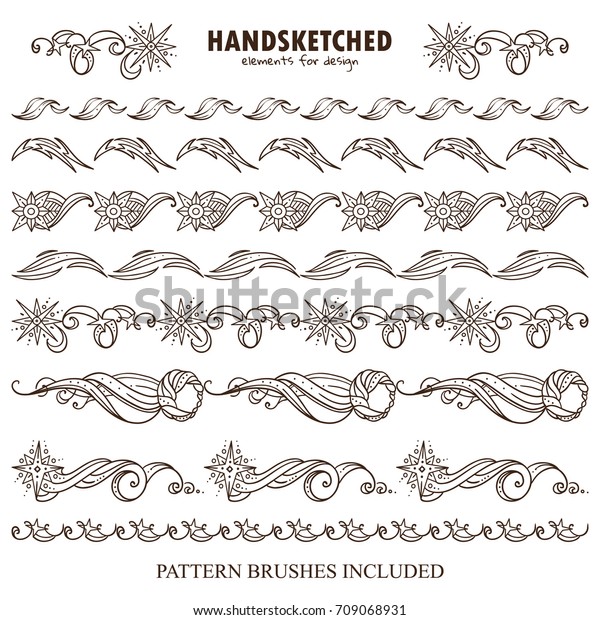 Vector set of pattern brushes or\
dividers in vintage style. Stars, fire, abstract comet or meteorite\
elements, space theme. Hand drawn art. Brushes included\
