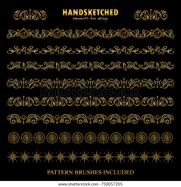 Vector set of pattern brushes or dividers in\
vintage style. Abstract symbols of planets Mars, Jupiter, Saturn,\
Neptune, Uranus, star, Pluto, space elements. Premium gold style.\
Brushes included