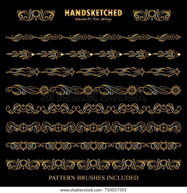 Vector set\
of pattern brushes or dividers in vintage style. Abstract symbols\
of Stars, Moon, Earth, Mercury, Venus, star arrows, space elements.\
Premium gold style. Brushes\
included