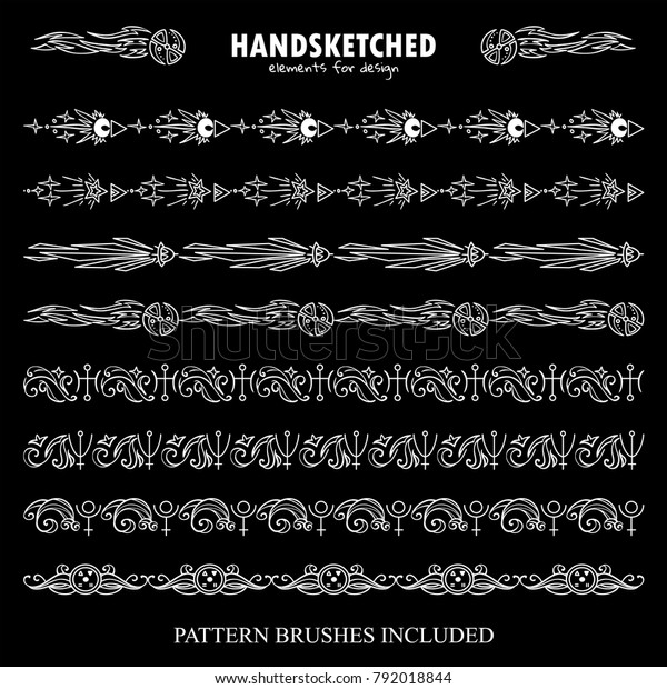 Vector set of pattern brushes or dividers in\
vintage style. Abstract symbols of Neptune, Uranus, Pluto, Sun,\
spaceship, stars arrows, space elements. Black and white chalkboard\
art. Brushes included