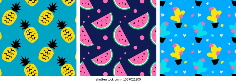 Vector set of pattern with cute blooming cactus in pot, pineapple and watermelon on bright color background. Flat style design of pattern for paper, print, textile, packaging