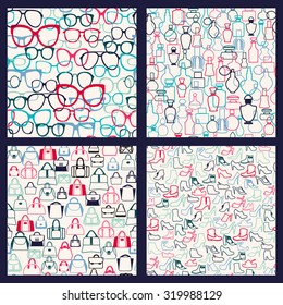 Vector set pattern of Fashion Bags, shoes, sunglasses and Perfume Bottles  in outline style. Background silhouette of Women  accessories -illustration  