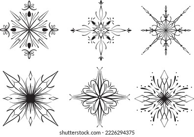 Vector set of a pattern in the form of a frosty pattern or floral linear ornament, a template for decoration. Design elements or tattoo sketch. Logo design element.