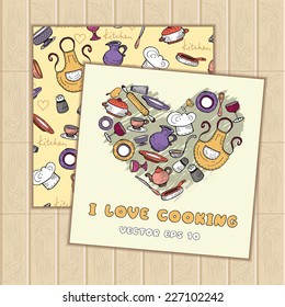 Vector set of pattern and stylized heart with cartoon kitchen ware. Backgrounds for use in design